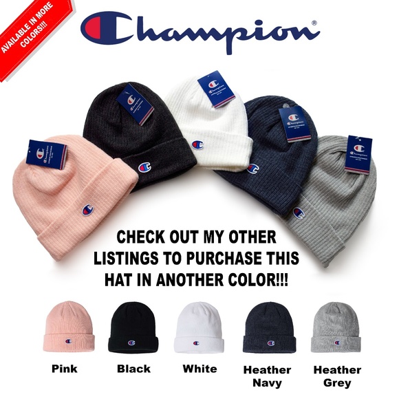 New Champion Ribbed Knit Cuff Beanie White Unisex Acrylic Warm Winter Ski Hat - Picture 4 of 4